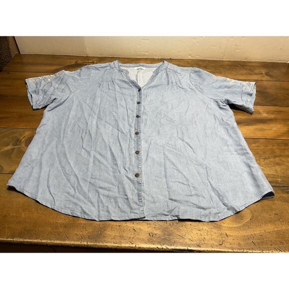 Anthropologie Kindred Women’s Chambray Floral Embroidered Shirt Plus Size 1X - Picture 6 of 10
